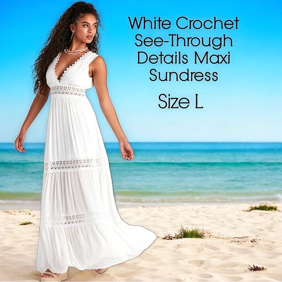 Dresses & Skirts - White Crochet See-Through Details Maxi Dress